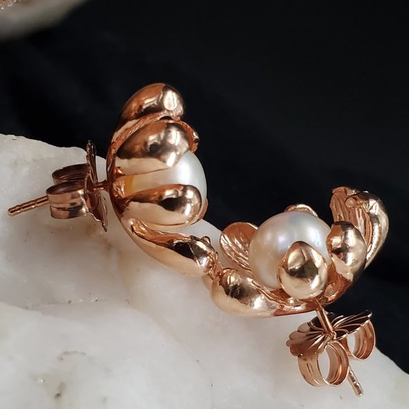 Sterling Silver 925/14K Rose Gold Studs Large Freshwater Pearls Earriings - Picture 7 of 11